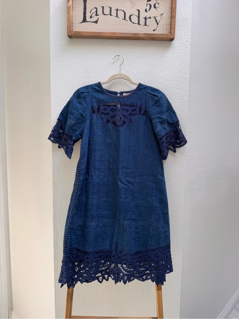 Sea Navy Eyelet Lace-Trim Shift Dress